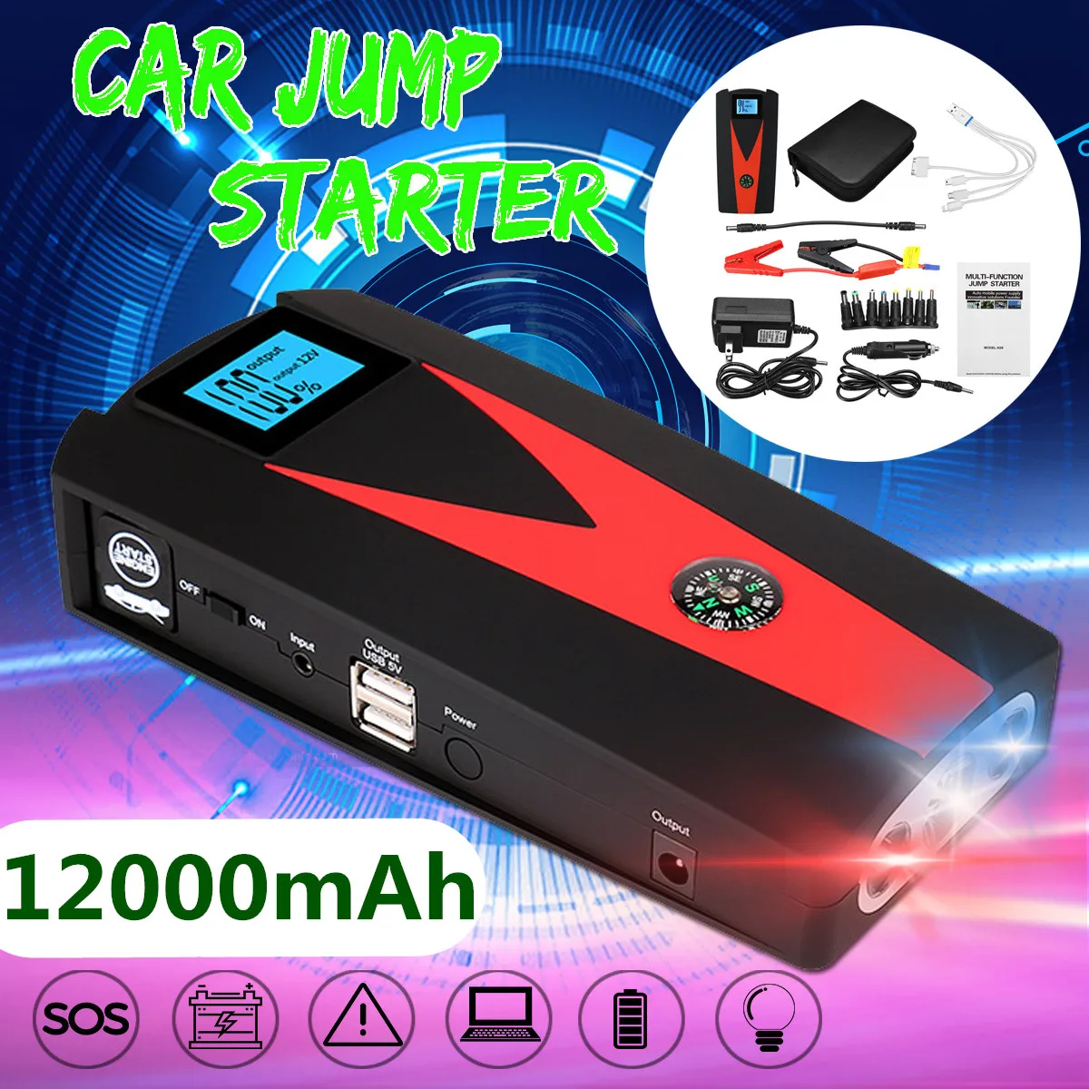 Multifunction Car Jump Starter 800A LED USB Power Bank Portable Emergency Car Battery Booster Charg
