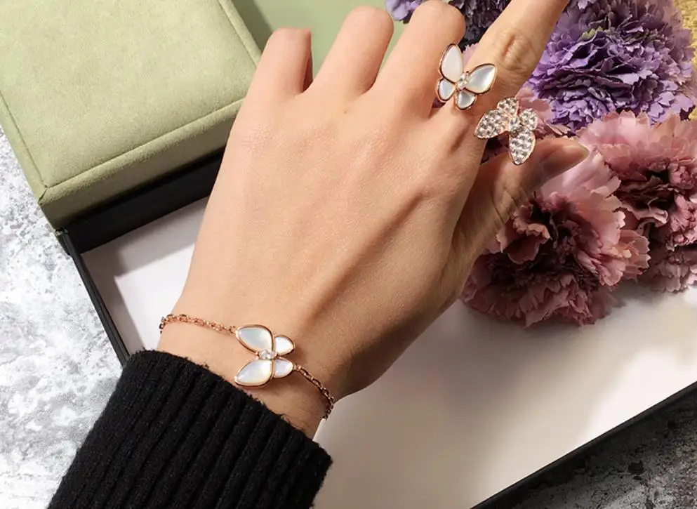 925 пробы серебро CZ ювелирные украшения-хрустальные бабочки браслет Великолепная розовая Золотая оболочка браслет с фигуркой животного Регулируемая цепь пляжные браслеты