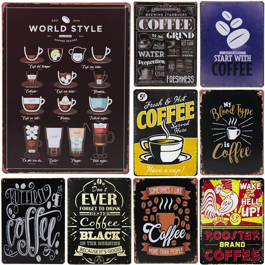 

Coffee menu cafe metal sign vintage tin plate painting retro iron picture wall decoration