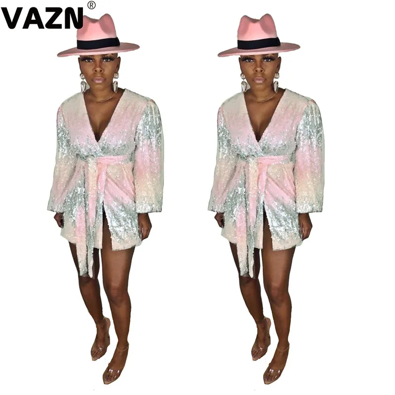 VAZN OYX686 нового размера плюс Тяжелая индустрия, расшитое блестками, сексуальное Клубное неопрятное тонкое женское мини-платье с длинным рукавом на шнуровке