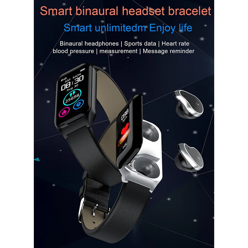 2-in-1 Wireless Bluetooth Earphone IP67 Waterproof Smart Bracelet Touch Screen HD Display Smart Bracelet Supports Health Monitor