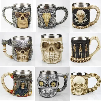 

JM Skull Mug Contain Viking Skeleton Death Grim Knight Gothic Design Coffee Beer Tankard Mugs BEST Halloween Father's Day Gift