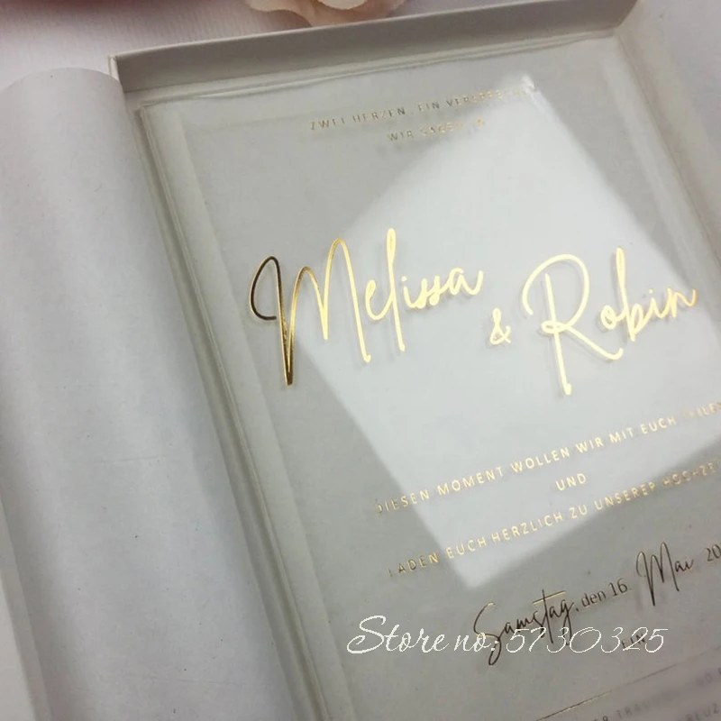 Luxury Gold Foiling Acrylic Wedding Invitations with Box Marriage Cards Popular Invitation Cards