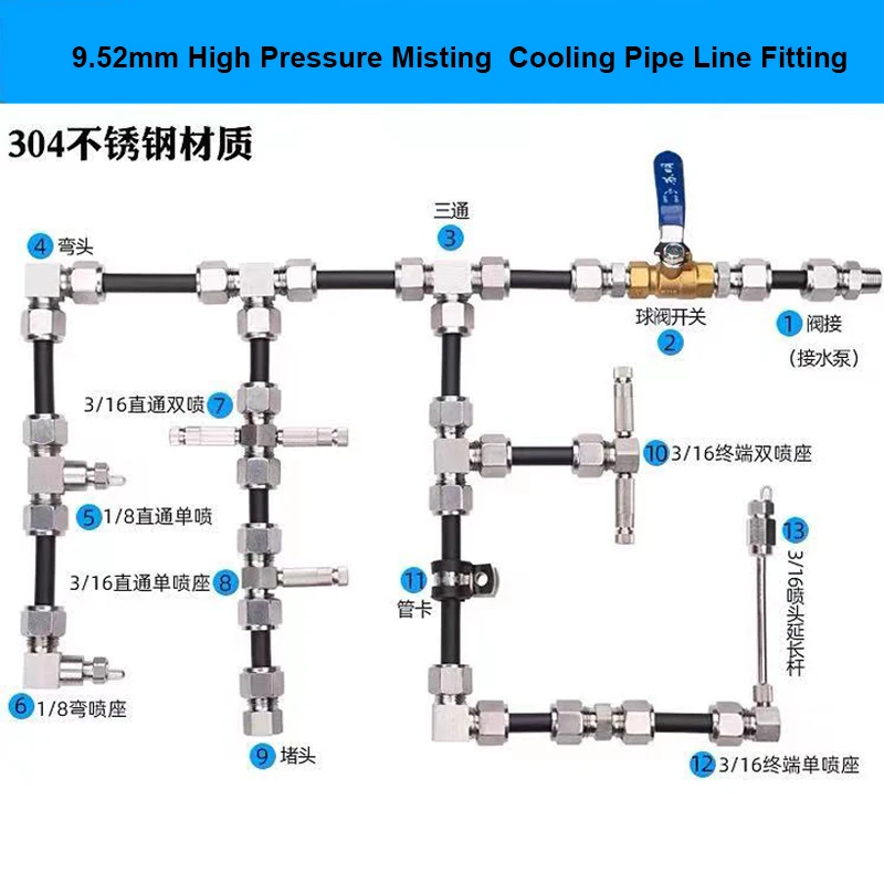 High Pressure 3/8" 9.52mm Quick Connector Tee Elbow Straight Joint Nozzles Seat Misting System Fittings 5