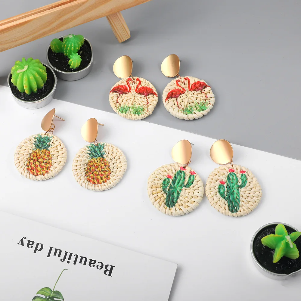 

Laser Print Color Rattan Woven Earrings for Women Gold Sequins Alloy Round Earrings Handmade Woven Earings Jewelry Accessories