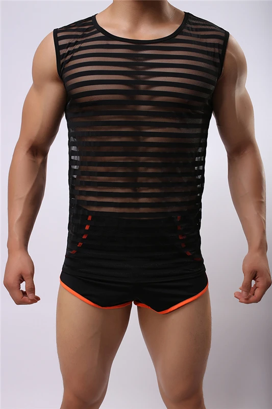 Shino MEN'S Vest-Elastic Chinlon-Style Bar Narrow Back Crew Neck Vest