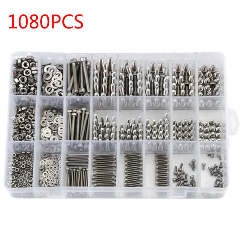 

1080PCS M2/M3/M4 Hex Screw Kit Socket Bolt Nuts Set Fastener Hardware Hexagon Head Cap Self-tapping Screws Flat Washer Wrench