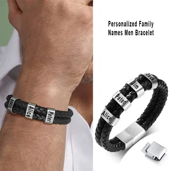 

FAMILY NAMES MEN BRACELET WITH CUSTOM ENGRAVE BEADS BANGLE DOUBLE BRAID LEATHER BRACELETS FOR BOYFRIEND DAD GIFTS