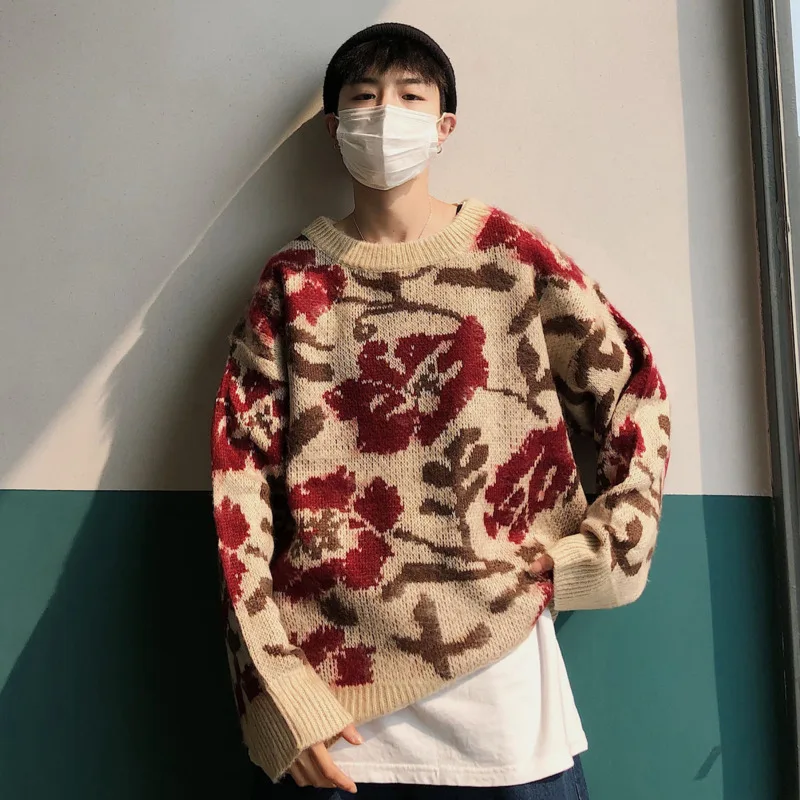 

Winter Flower Sweater Men's Warmth Fashion Retro Casual Knitted Pullover Men Streetwear Loose Knitting Sweaters Mens Clothes