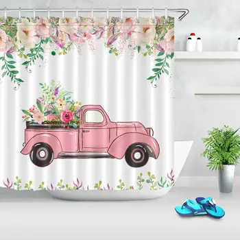 

Spring Watercolor Flowers Pink Truck Fabric Shower Curtain Bath Accessory Sets