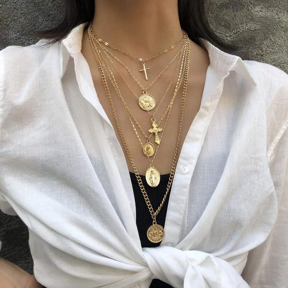 

KMVEXO Multilayers Punk Lock Chain Cross Portrait Necklace For Women Men Coin Long Necklaces Fashion Street Hip Hop Rock Jewelry