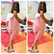 

HAOOHU Sport Women Patchwork Two Piece Set one Shoulder Tee Tops Shorts Jogger Sweatpants Suit Tracksuit Matching Set Outfit
