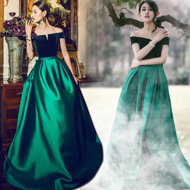 

Boat Neck A Line Long Formal evening Dress 2020 Emerald Green Elegant cheap Evening Dresses Velvet Satin Prom dress Wear