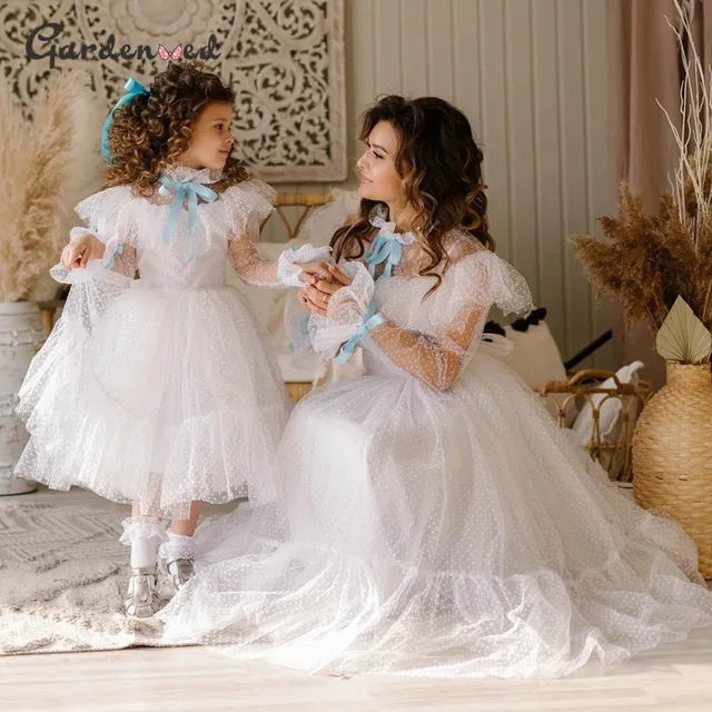 Polka-dot Tulle Flower Girl Dresses Illusion Long Sleeves Girl Wedding Party Dress Ribbons Communion Dress Birthday New Year White Mother daught