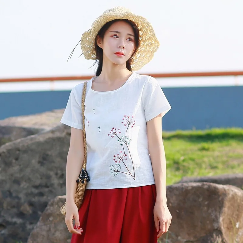  Photo Shoot 2018 Summer New Style Solid White Cotton Linen Dandelion Embroidered Short Sleeve Large