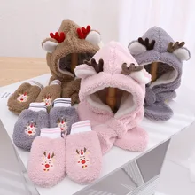 Sweet Cute Children's One-piece Scarf Deer Printing Kid's Gloves Skin-friendly Warm Soft Antler Scarf Clothing Accessories