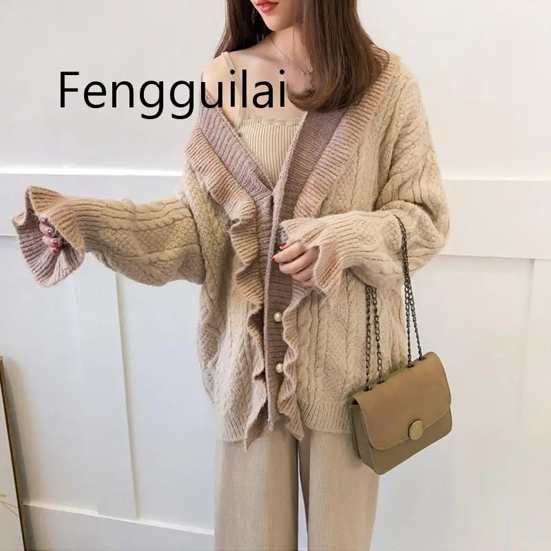 FENGGUILAI Korean Cardigan Sweater For Women V Neck Flare Sleeve Loose Ruffles Hit Color Sweaters Coats Female Fashion New Autum
