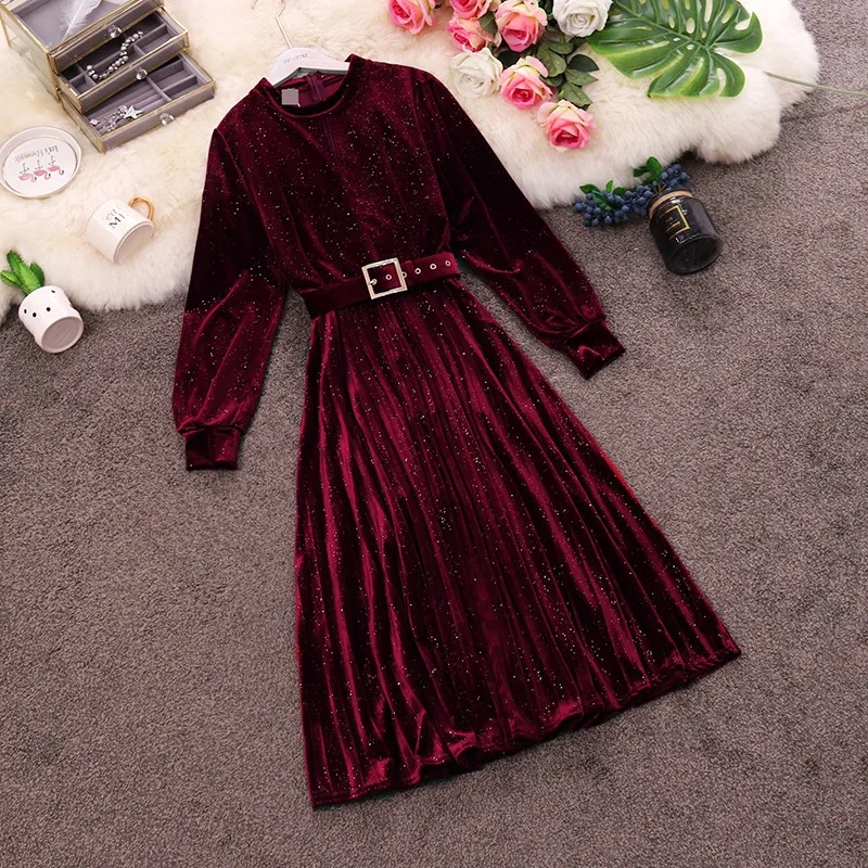 Spring New Women Dresss O Neck Lantern Sleeve Sequined High Waist Belt Dress Blingbling Female Elegant Party Dresses