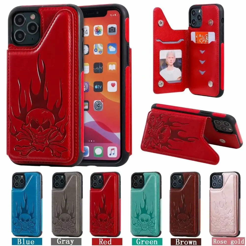

For iPhone11 Case with Card Stand Holder PU Embossed Skull Slim Flip Leather Cover For iPhone 11 Pro Max X XR XS 6 7 8 Plus