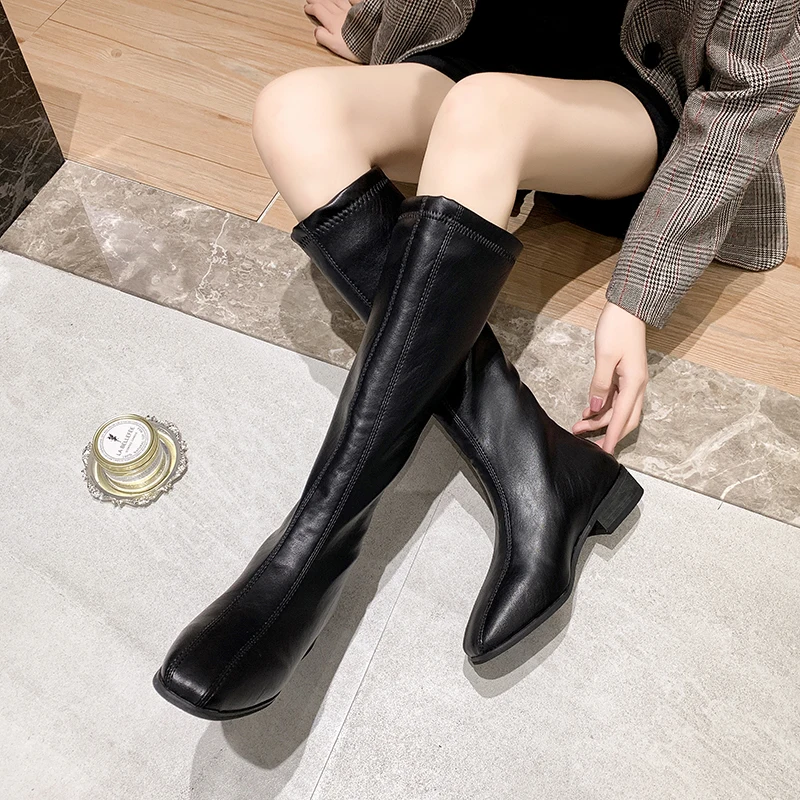 Women Pu Leather Black Knee High Boots Low Heel Waterproof Long Boots Women Brand Fashion Winter Keep Warm Slim Women Shoes