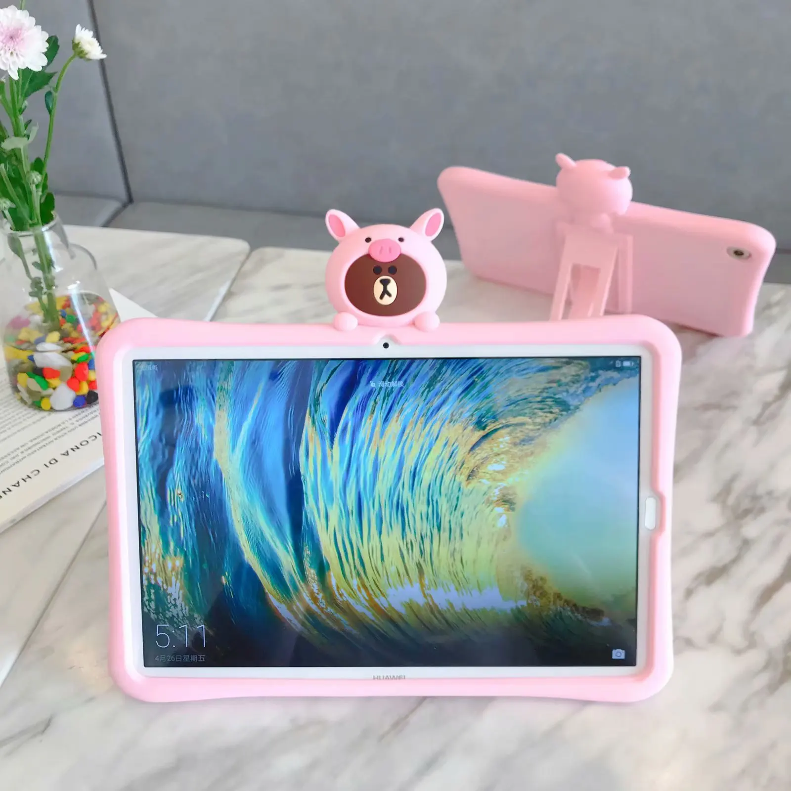 Розовая подставка в виде медведя, детский Ударопрочный силиконовый чехол для huawei MediaPad T3 10 AGS-L09 W09 9,", Модный чехол для планшета+ ручка
