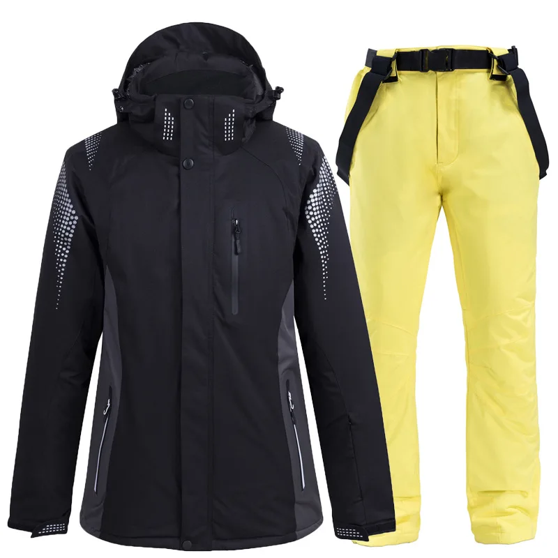 Зимний лыжный костюм Wo для мужчин s Теплая мужская спортивная куртка для сноуборда водонепроницаемый комбинезон лыжный комплект зимние штаны - Цвет: Black  yellow