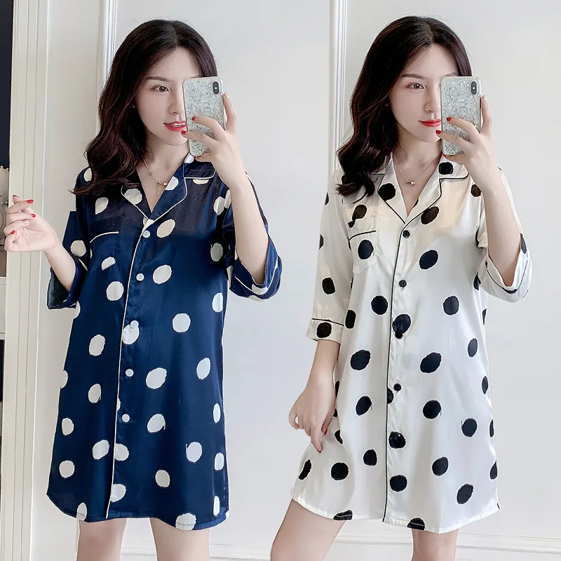  White Blue 3/4 Sleeve Polka Dot Women Sleep Shirt Long Boyfriend Lingerie Kimono Sleepwear Silk Sat