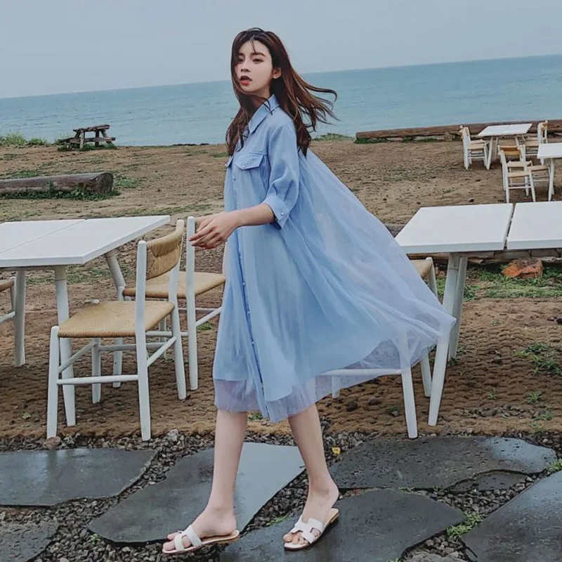 

Photo Shoot Main Push INS Sweet Light Blue Fold-down Collar Single Breasted Waist Hugging Lace-up Fairy Gauze Joint A- line Dres