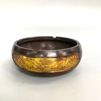 

Home Decor 5" Tibet Buddhism Temple Old Bronze Gilt Eagle statue pattern Round ashtray Grand plans Essential for smoking