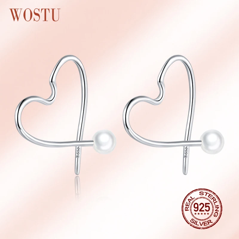 WOSTU 925 пробы Серебряное пустое сердце серьги гвоздики в виде ракушки из бисера Крест линии Дизайн для женщин