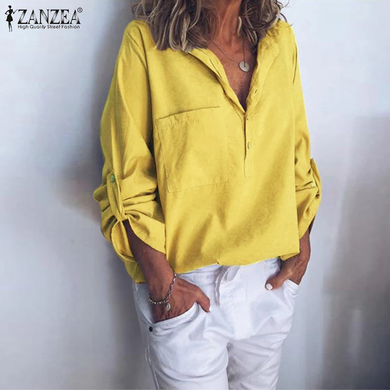  Plus Size Women Laple Neck Blouse ZANZEA Autumn Long Sleeve Buttons Shirt Femininas Solid Work Blus