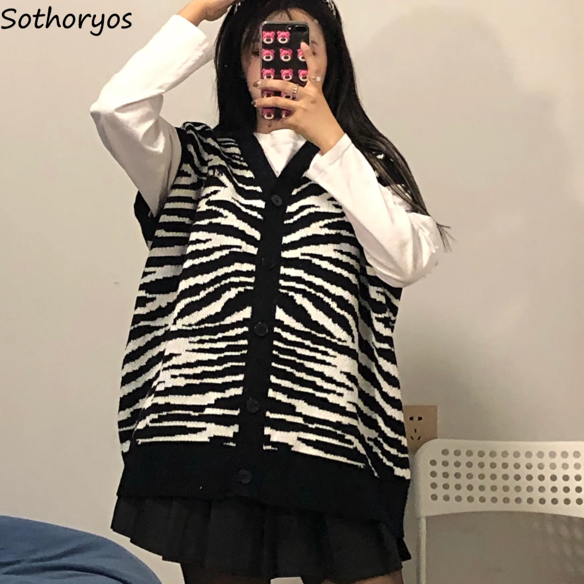 ZebraStripedSweaterVestWomenVintageKnittedSleevelessVneck