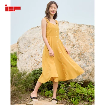 

IEF Autumn Waist Design Mid-Long Style No Sleeves Sling Dress Women Solid Color 0103A-D11229-