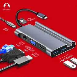 Док-станция Snowkids type C для смартфона ноутбука 7 в 1 VGA PD LAN HDMI USB3.0 порт расширения huawei Matebook 13