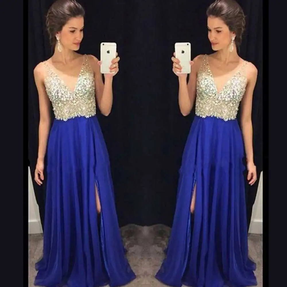

Vintage Chiffon A Line Prom Dresses 2019 Beading Luxury Long Graduation Dresses V Neck Sparkly Party Dresses Side Split