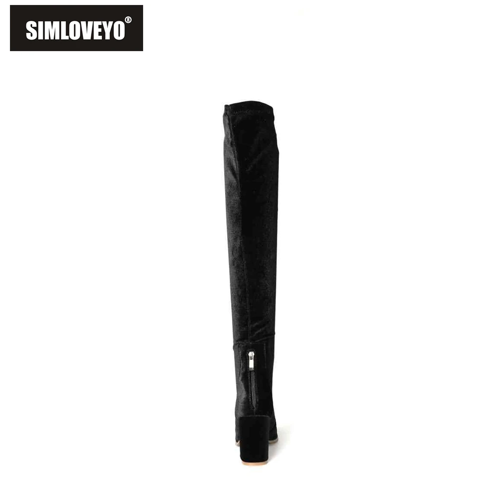 SIMLOVEYO/зимняя обувь; женские облегающие высокие сапоги с острым носком; флоковые Сапоги выше колена на молнии; обувь на толстом высоком каблуке; Botas; A1378