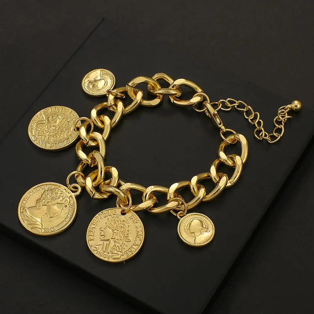 Flashbuy Big Gold Punk Chain Coins Bracelet Personality Vintage Portrait Charms Bracelets