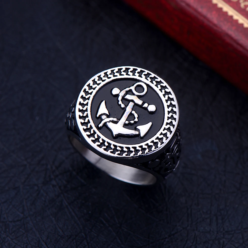316L Stainless Steel Golden Anchor Biker Ring Hip Hop Rock Titanium Steel Jewelry For Men Size 8-12#