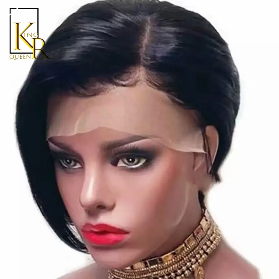 

Pixie Cut Style Lace Front Human Hair Wigs For Women Natural Black Color Remy Brazilian Short Bob Straight Front Wig With Bangs