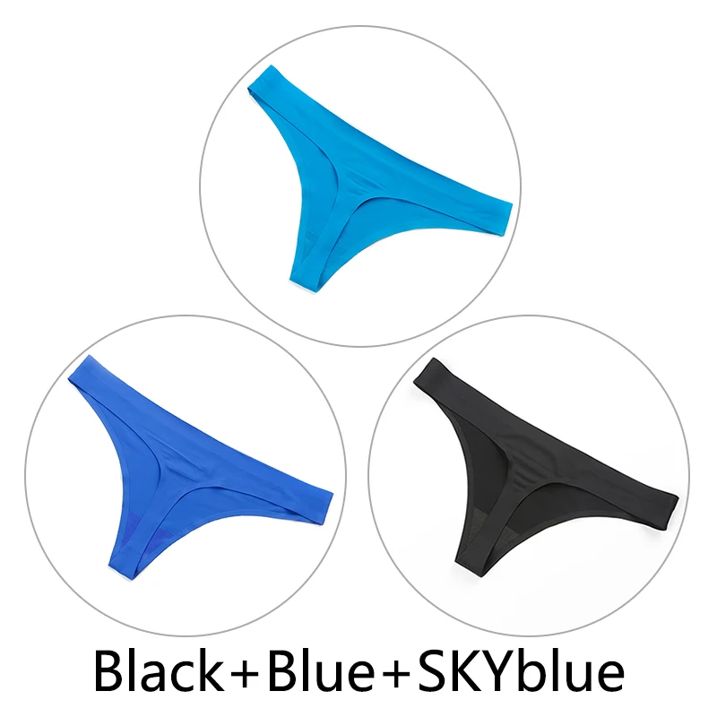 Black-Blue-SKYblue 3 шт./партия нижнее белье, женские стринги и стринги открытый Шелковый бесшовный стринги сексуальные трусики нижнее белье с низкой посадкой женские танга прочные трусики - Цвет: Black-Blue-SKYblue