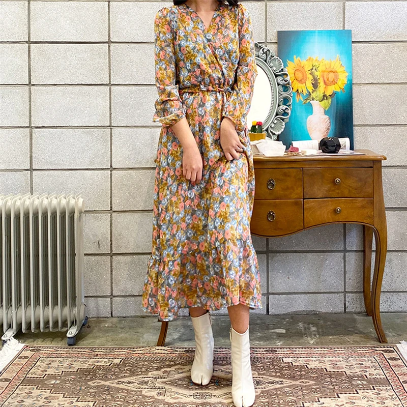 Tonglord Elegant Spring Summer Dress for Women Chic V-neck Floral High Waist Vintage Female ChiffonDress 2020 Vestidos Femme