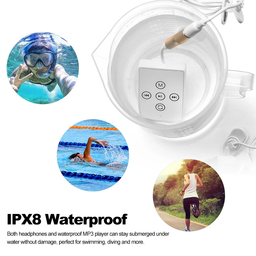 MP3 плеер 8 Гб IPX8 водонепроницаемый музыкальный с наушниками спортивный FM радио