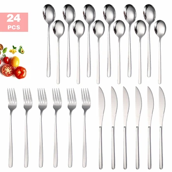 

24 pcs Dinnerware Set 18/10 Stainless Steel Tableware Set Knife Fork Spoon Flatware Set Dishwasher Safe Cutlery Set Dropshipping