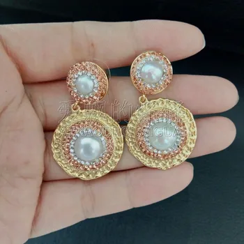 

E091211 White Pearl Rose Gloden Macarsite 24K Plated Earrings