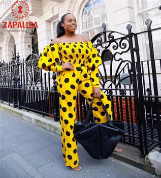 

Zapalisa Polka Dot Printed Fashion Elegant Women 2 Piece Outfits Lantern Sleeve Off-Shoulder Crop Tops+High Waist Wide Leg Pants