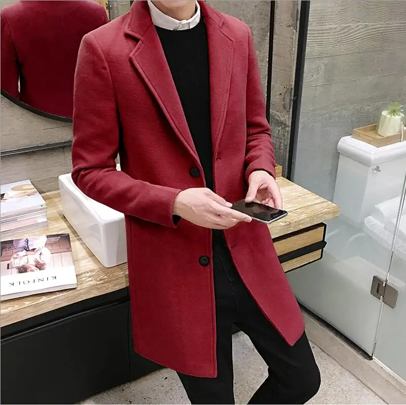 Wine red Новое зимнее шерстяное пальто для мужчин, длинное шерстяное пальто для отдыха, мужские однотонные повседневные модные куртки/повседневное мужское пальто - Цвет: Wine red