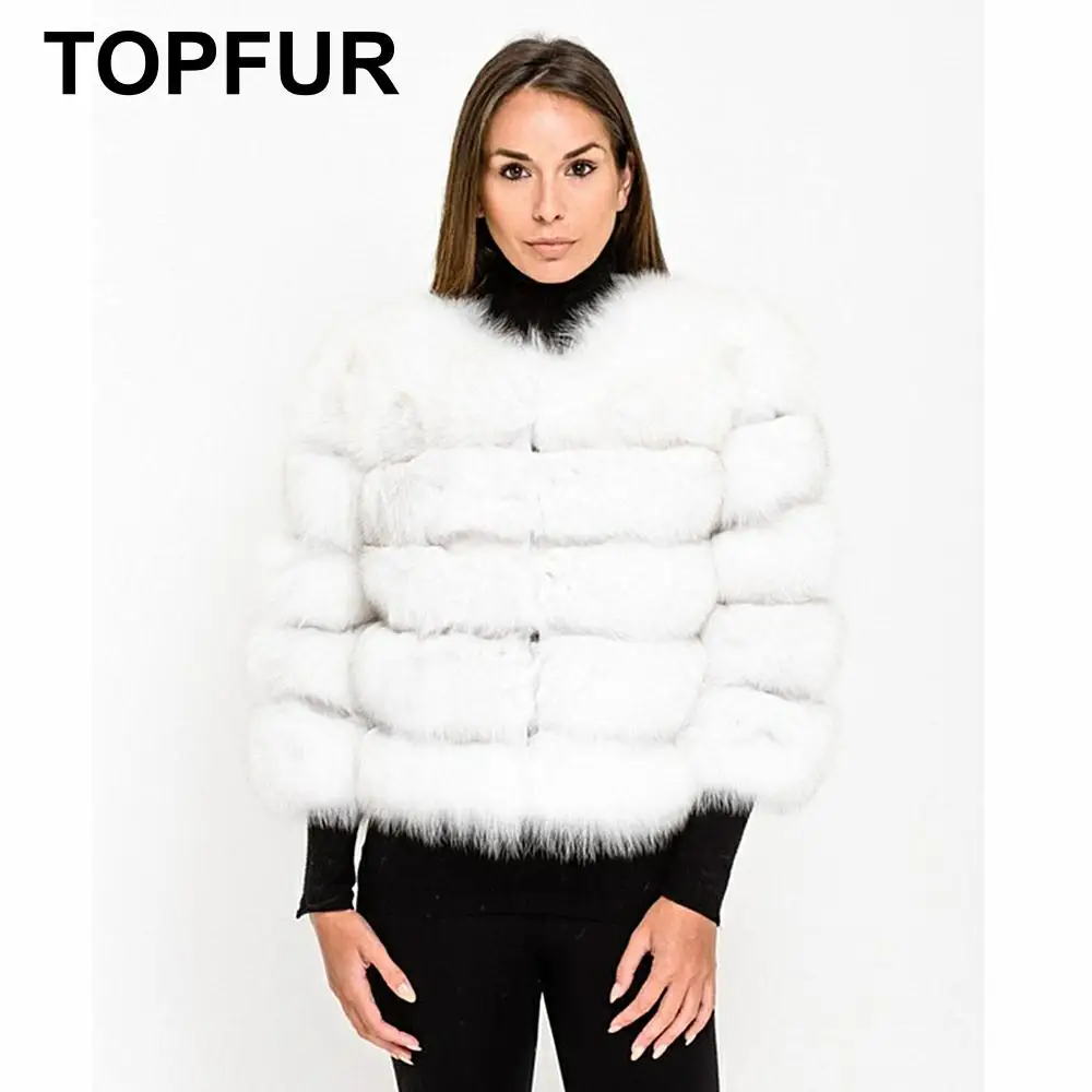 TOPFUR модное зимнее короткое пальто с натуральным белым лисьим мехом, кожаная куртка, пальто с натуральным мехом, Женское пальто с рукавом три четверти, Manteau Femme