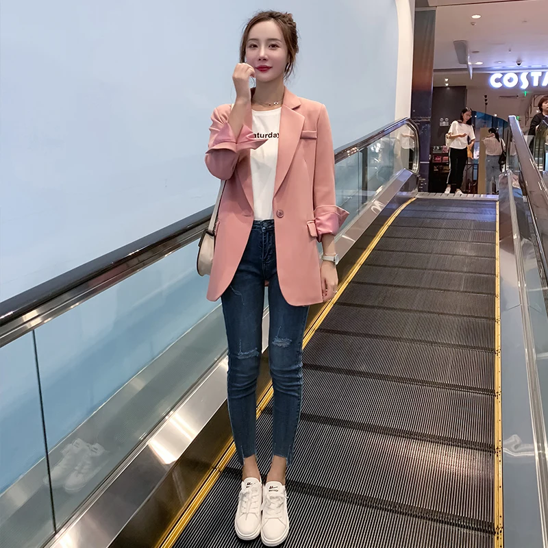 Korean Pink Casual Ladies Blazer Stylish Simple Loose Suit Jacket Long Sleeve Blazer Paillette Retro Autumn Women Blazer MM60NXZ