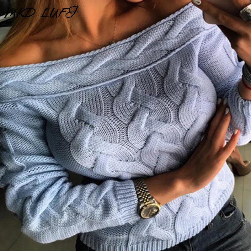 Off Shoulder Long Sleeve Knit Sweater Ladies Slash Neck Autumn Solid Pullover Tops Women Casual Sweaters | Женская одежда