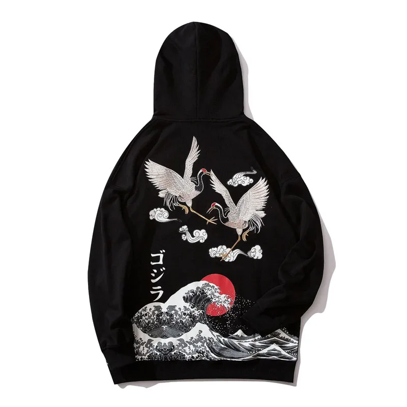 

Autumn New Japan Style oversize Loose Hoodies Sweat Men white crane sea wave Embroidery Printed pullover Sweatshirts